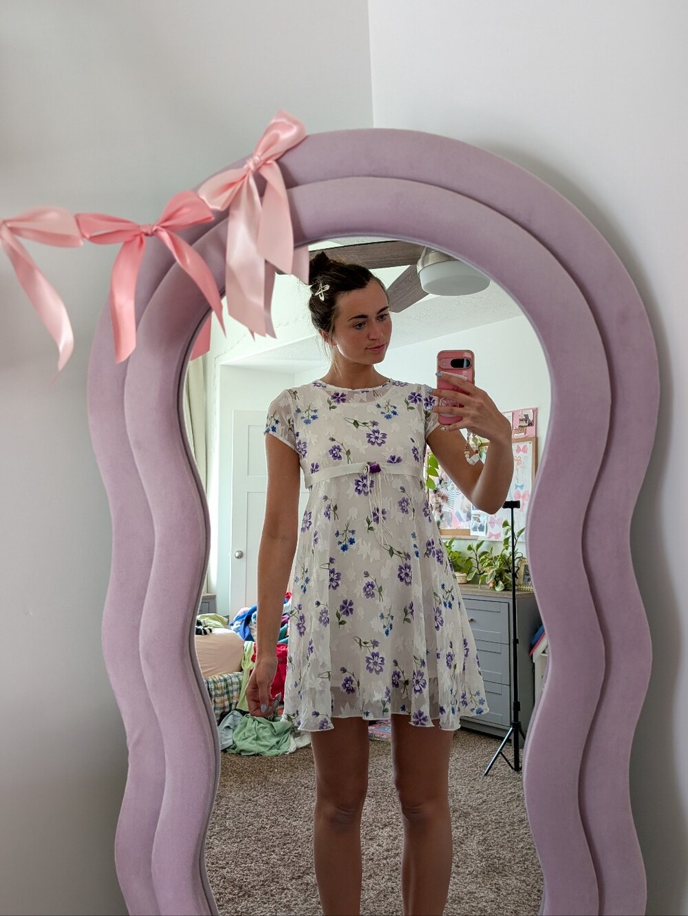Cream Floral Dress with Purple Flowers